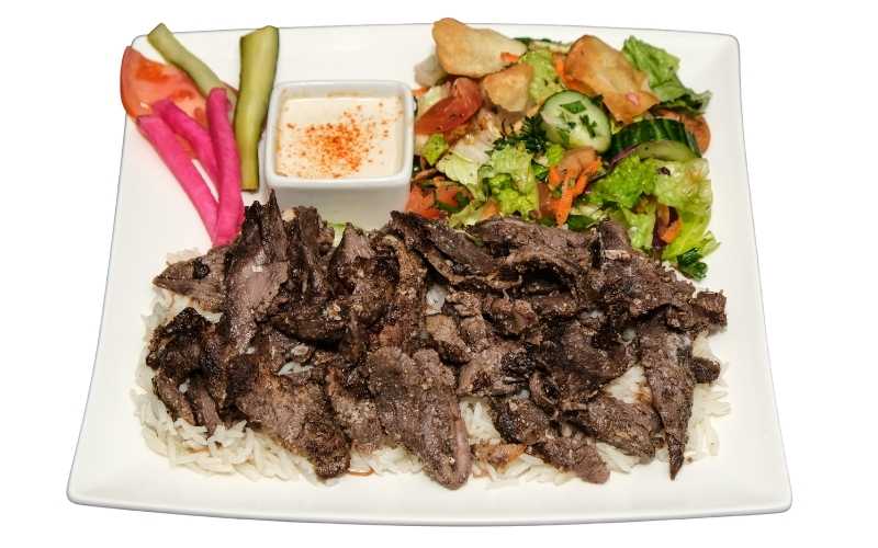 beef-shawarma-rice-fattoush-salad-sauce-pickles